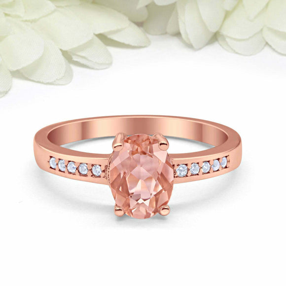 1.2ct Oval Cut Peach Morganite Diamond Accent Solitaire Ring 14k RoseGold Finish