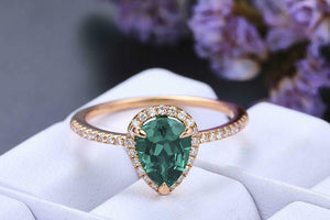 1.5ct Pear Cut Green Emerald Engagement Ring Diamond Halo 14k Rose Gold Finish