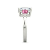 4Ct Emerald Cut Diamond Pink Sapphire Accents Trilogy Ring 14K White Gold Finish