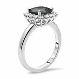 3Ct Cushion Cut Black Diamond Floral Halo Solitaire Ring 14K White Gold Finish