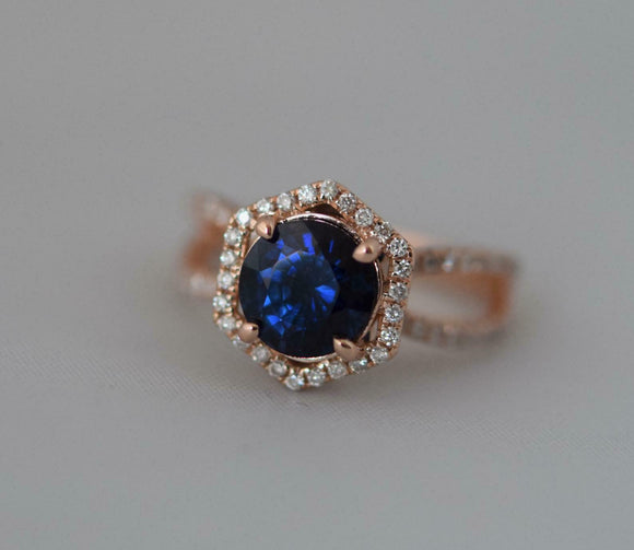 2ct Round Cut Blue Sapphire Split Shank Hexagon Halo Ring 14k Rose Gold Finish