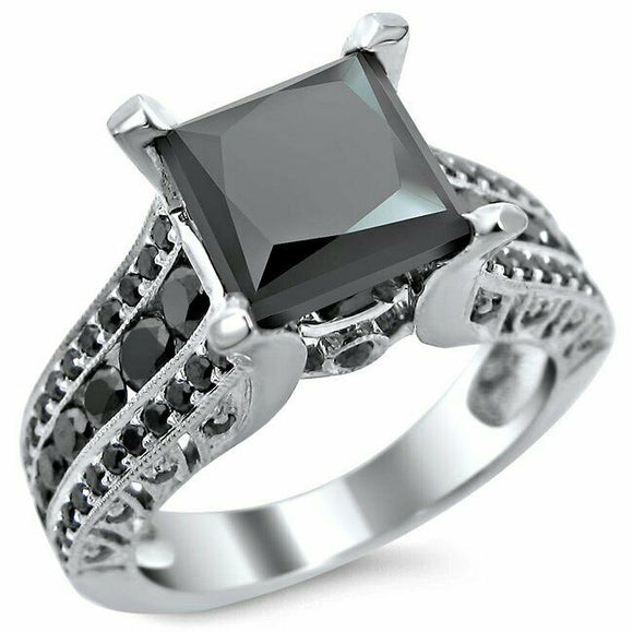 3Ct Princess Cut Black Diamond Solitaire Ring 14K White Gold Finish Round Accent