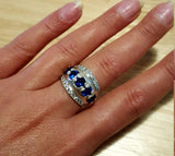 2.3ct Round Cut Blue Sapphire Wide Antique Inspired Ring 14k White Gold Finish