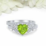 2ct Heart Cut Green Peridot Butterfly Accent Bridal Set Ring 14k White Gold Over