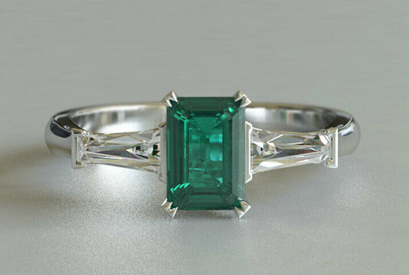 2ct Green Emerald Cut Engagement Ring Trilogy Baguette Accent 14k WhiteGold Over