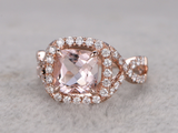 2.5ct Cushion Cut Morganite Infinity Band Halo Engagement Ring 14k RoseGold Over