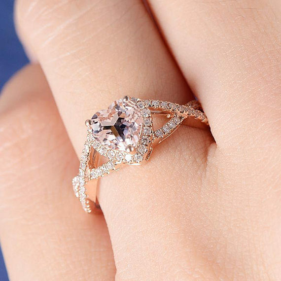 1.3ct Heart Cut Peach Morganite Engagement Ring 14k Rose Gold Over Halo Infinity