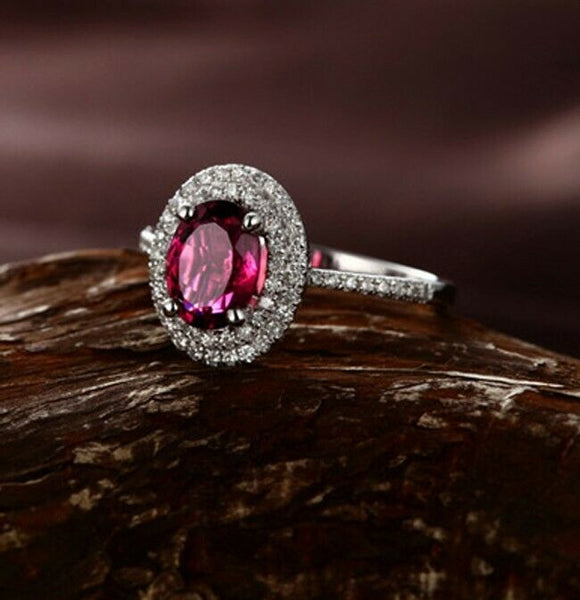 4Ct Oval Cut Pink Ruby Dual Diamond Halo Engagement Ring 14K White Gold Finish