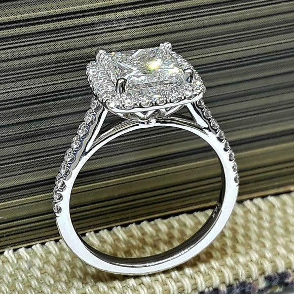 3Ct Princess Cut Diamond Solitaire with Accents Halo Ring 14K White Gold Finish