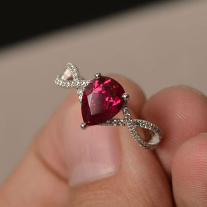 1ct Pear Cut Pink Ruby Infinity Solitaire Engagement Ring 14k White Gold Finish