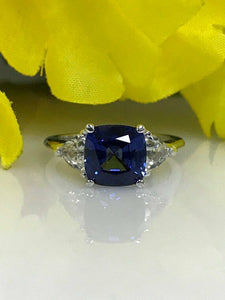 1.5ct Cushion Cut Blue Sapphire Three Stone Engagement Ring 14k WhiteGold Finish