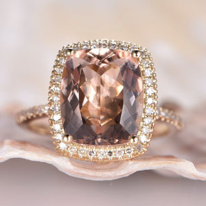 2ct Cushion Cut Peach Morganite Halo Promise Engagement Ring 14k RoseGold Finish