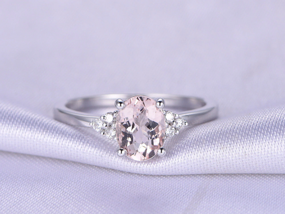 0.7ct Oval Cut Peach Morganite Engagement Ring Solitaire 14k White Gold Finish