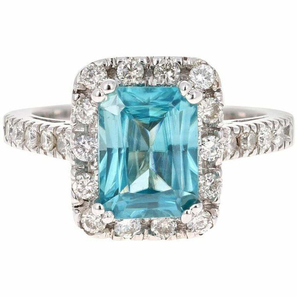 2.2ct Emerald Cut Blue Topaz Engagement Ring Diamond Halo 14k White Gold Finish