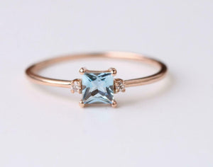 1ct Princess Cut Blue Aquamarine Engagement Ring Three Stone 14k RoseGold Finish