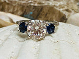 2ct Engagement Ring Round Cut Diamond Blue Sapphire Trilogy 14k WhiteGold Finish