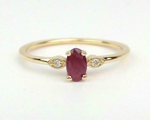 0.5ct Engagement Ring Oval Cut Pink Ruby Minimalist Trilogy 14k Yellow Gold Over