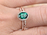 4Ct Oval Cut Green Emerald Bridal Set Halo Engagement Ring 14K Rose Gold Finish