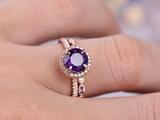 2ct Round Cut Purple Amethyst Engagement Ring Bridal Set Halo 14k Rose Gold Over