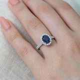 2ct Oval Cut Blue Sapphire Engagement Ring Round Accent Halo 14k White Gold Over