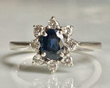 2.15ct Oval Cut Blue Sapphire Halo Floral Engagement Ring 14k White Gold Finish