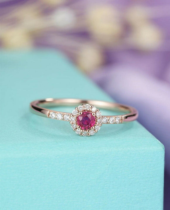 1.45ct Round Cut Pink Ruby Engagement Ring Halo Diamond 14k Yellow Gold Finish