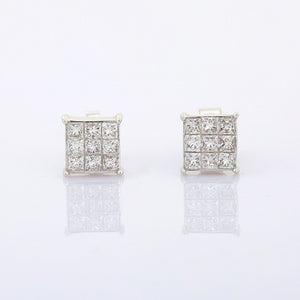 1.55ct Princess Cut Diamond Square Cluster Stud Earrings 14k White Gold Finish