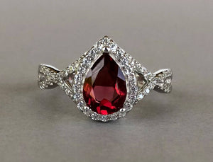 1.9ct Pear Red Garnet Halo Infinity Design Engagement Ring 14k White Gold Finish