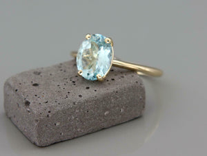 1.5ct Oval Cut Blue Aquamarine Engagement Ring Solitaire 14k Yellow Gold Finish