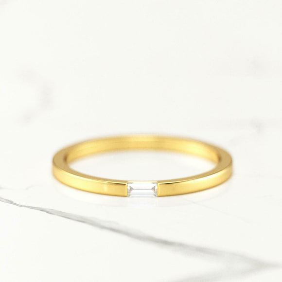 Minimalist Dainty Wedding Band 0.2ct Baguette Cut Diamond 14k Yellow Gold Finish