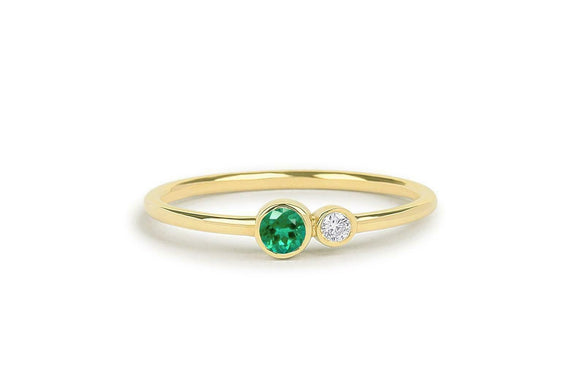 0.44ct Round Cut Green Emerald Two Stone Minimalist Ring 14k Yellow Gold Finish