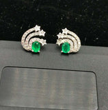 1.5ct Stud Earrings Oval Cut Green Emerald Shooting Star 14k White Gold Finish