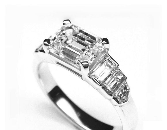 2.3ct Emerald Cut Diamond Solitaire Step Baguette Accent Ring 14k WhiteGold Over