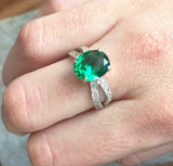 1.6ct Engagement Ring Oval Cut Green Emerald Split Shank 14k White Gold Finish