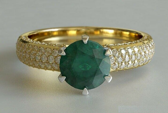 2ct Round Cut Green Emerald Engagement Ring Diamond Accents 14k Yellow Gold Over