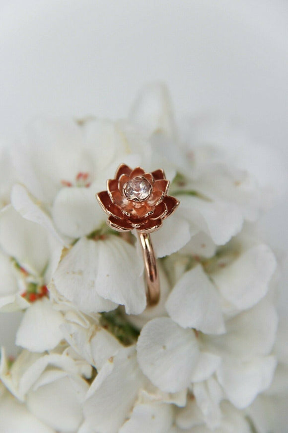 0.25ct Round Cut VVS1D Diamond Engagement Ring Lotus Flower 14k Rose Gold Finish