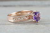 1ct Round Cut Purple Amethyst Engagement Ring 14k RoseGold Over Beaded Solitaire