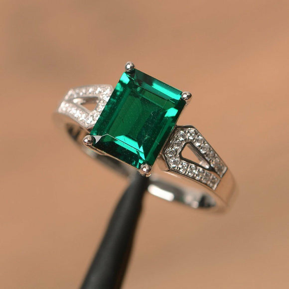 2ct Emerald Cut Green Emerald Split Shank Engagement Ring 14k White Gold Finish