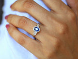 3.5ct Oval Cut Blue Sapphire Baguette Accent Halo Ring 14k White Gold Finish