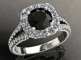 2ct Round Cut Black Diamond Split Shank Halo Engagement Ring 14k White Gold Over