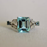 3Ct Emerald Cut Blue Aquamarine Art Deco Engagement Ring 14K White Gold Finish