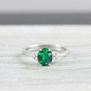 1ct Oval Green Emerald Round Diamond Accents Engagement Ring 14k White Gold Over