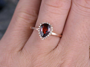 1.2Ct Pear Cut Red Garnet Halo Beau Solitaire Engagement Ring 14K Rose Gold Over