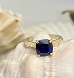 1.6ct Engagement Ring Cushion Cut Blue Sapphire Solitaire 14k Yellow Gold Finish