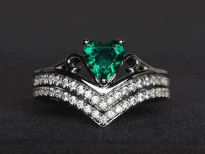 2ct Engagement Ring Heart Cut Green Emerald Bridal Set 14k White Gold Finish