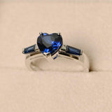 1.65ct Engagement Ring Heart Cut Blue Sapphire Trilogy 14k White Gold Finish