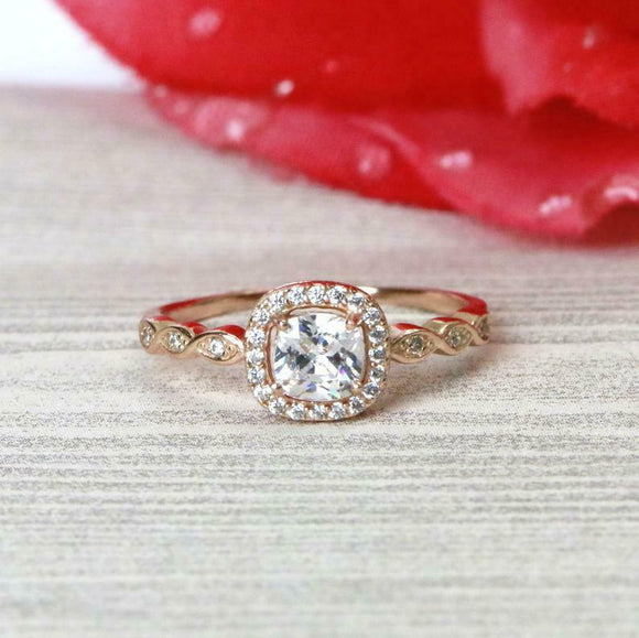 1ct Cushion Cut Diamond Engagement Ring Halo Round Accents 14k Rose Gold Finish