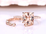 2ct Princess Cut Peach Morganite Bridal Set Ring Open Band 14k Rose Gold Finish