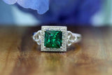 2.2ct Princess Cut Green Emerald Halo Celtic Trinity Ring 14k White Gold Finish