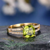 2Ct Cushion Cut Green Peridot Split Shank Engagement Ring 14K Yellow Gold Finish